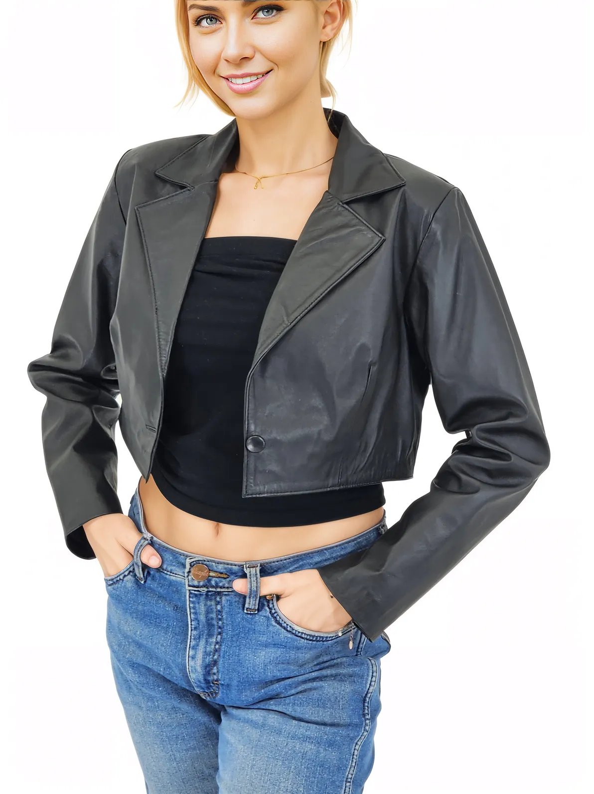 Handcrafted Women's Sheepskin Leather Biker Jacket – Cropped Black - Tenku Designs