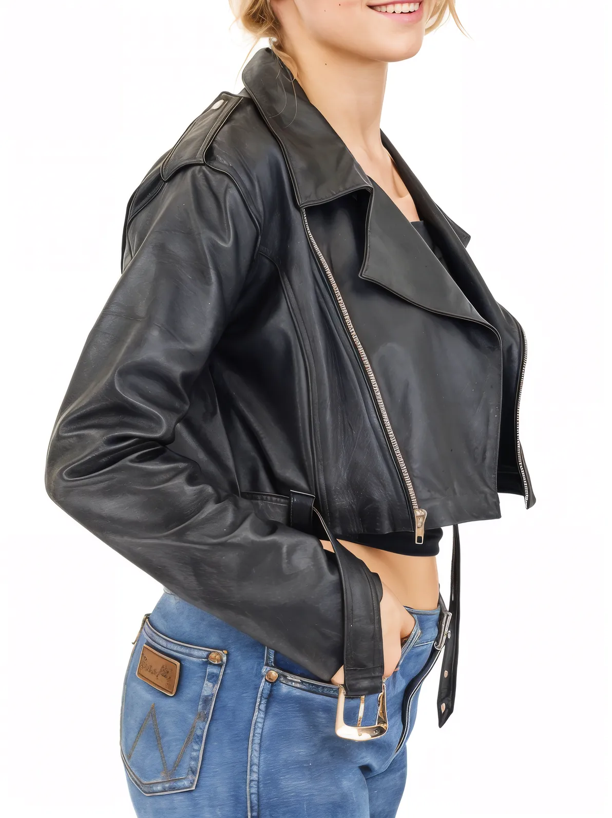 Handcrafted Women's Sheepskin Leather Biker Jacket – Cropped Black w/Belt - Tenku Designs