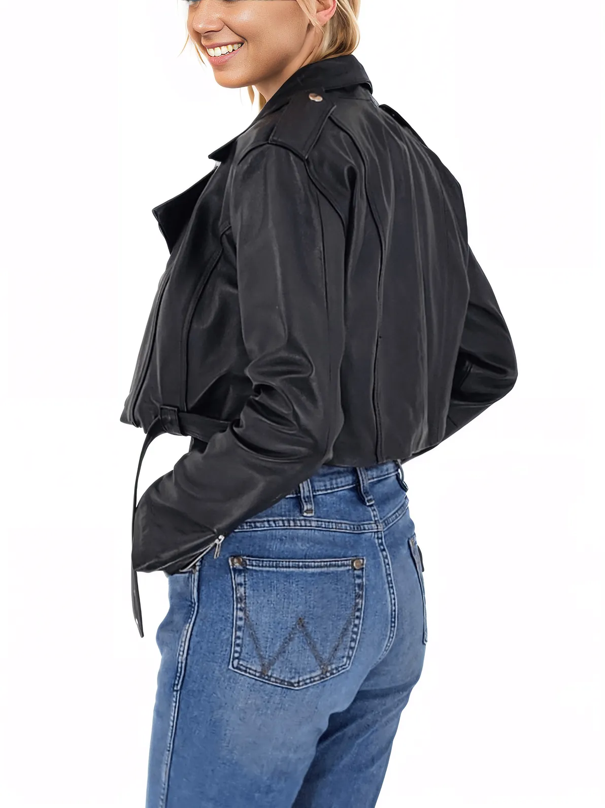 Handcrafted Women's Sheepskin Leather Biker Jacket – Cropped Black w/Belt - Tenku Designs