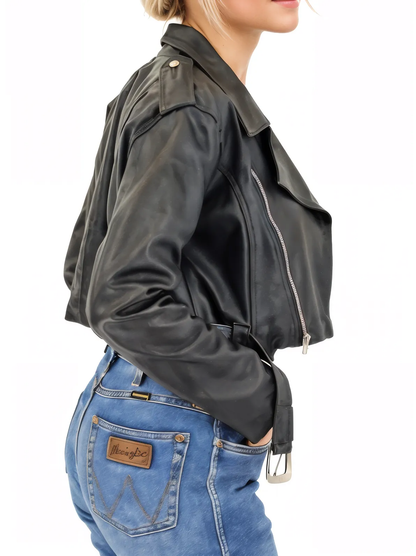 Handcrafted Women's Sheepskin Leather Biker Jacket – Cropped Black w/Belt - Tenku Designs