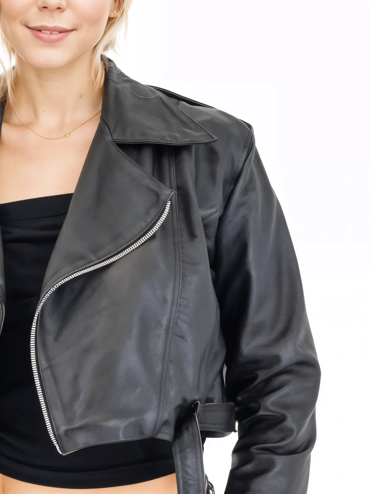 Handcrafted Women's Sheepskin Leather Biker Jacket – Cropped Black w/Belt - Tenku Designs