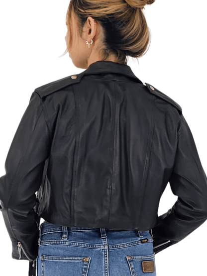 Handcrafted Women's Sheepskin Leather Biker Jacket – Cropped Black w/Belt - Tenku Designs