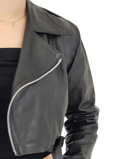 Handcrafted Women's Sheepskin Leather Biker Jacket – Cropped Black w/Belt - Tenku Designs