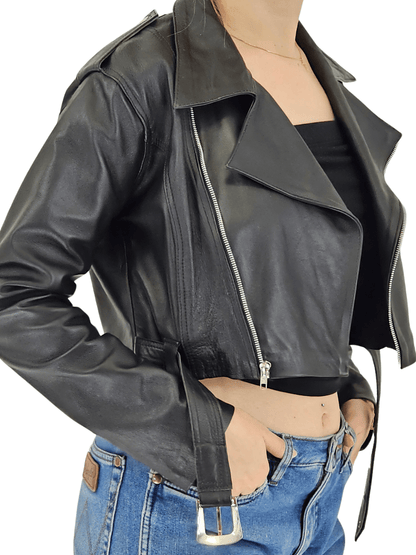 Handcrafted Women's Sheepskin Leather Biker Jacket – Cropped Black w/Belt - Tenku Designs