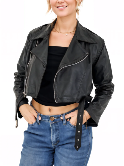 Handcrafted Women's Sheepskin Leather Biker Jacket – Cropped Black w/Belt - Tenku Designs