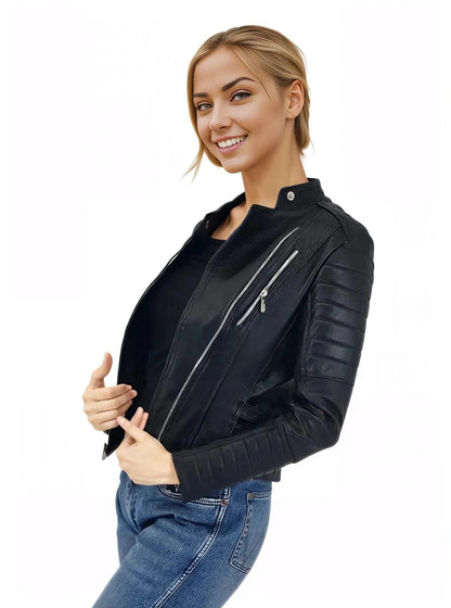 Handcrafted Women's Sheepskin Leather Biker Jacket – Premium Biker Style Black - Tenku Designs