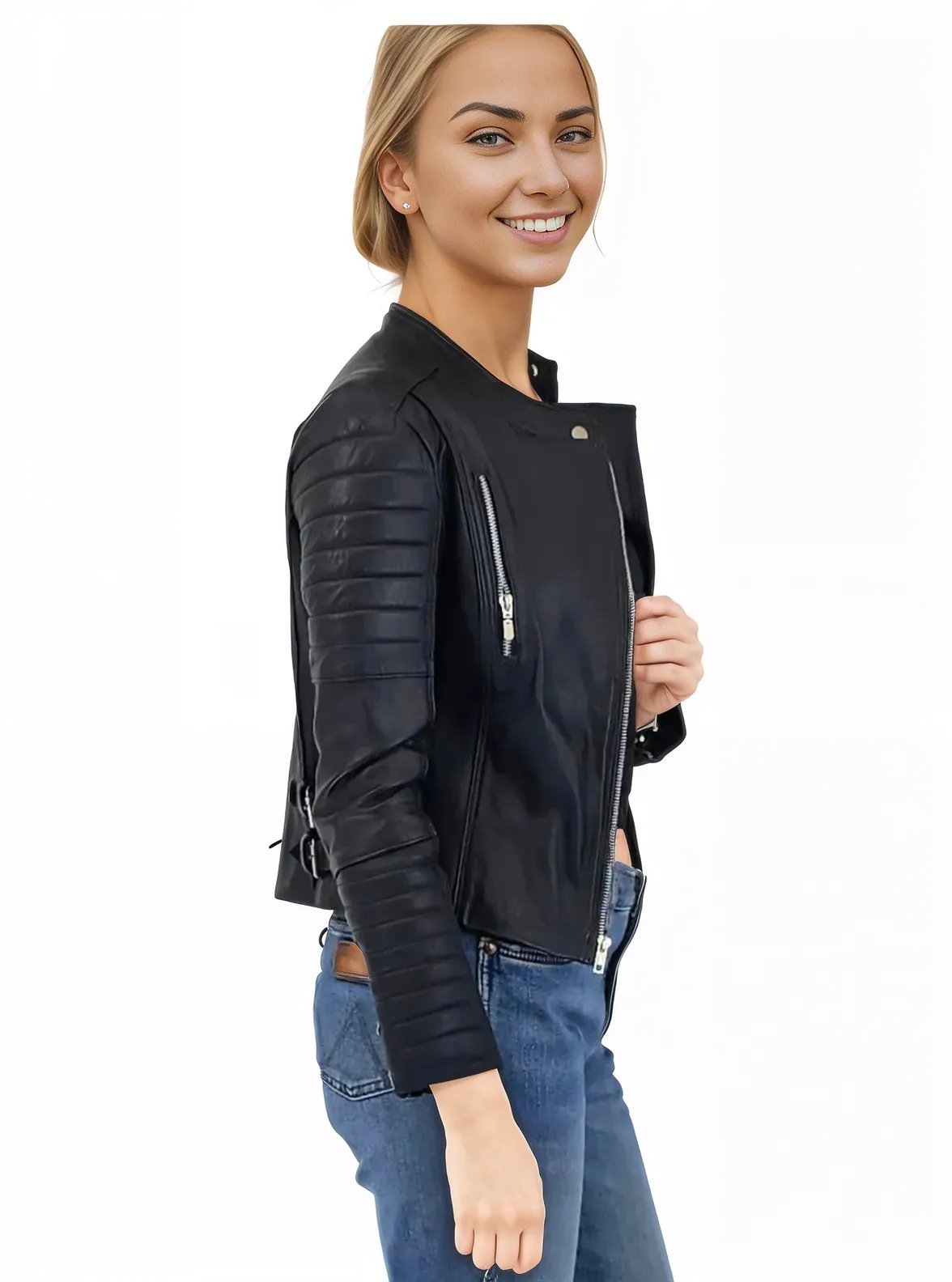 Handcrafted Women's Sheepskin Leather Biker Jacket – Premium Biker Style Black - Tenku Designs