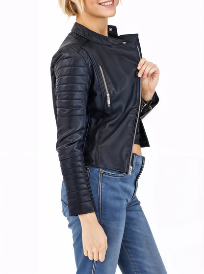 Handcrafted Women's Sheepskin Leather Biker Jacket – Premium Biker Style Black - Tenku Designs