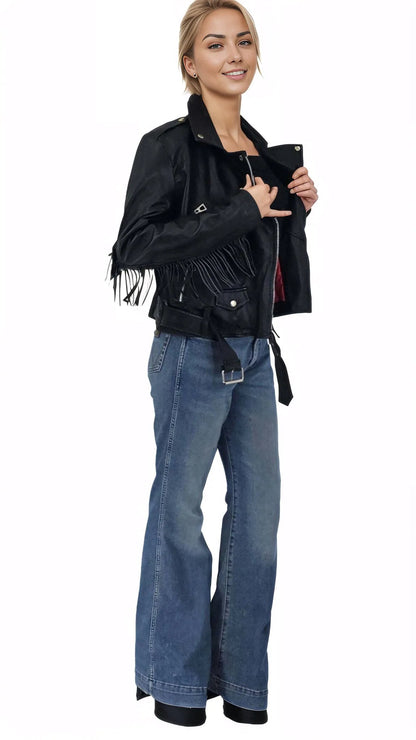Handcrafted Women's Sheepskin Leather Biker Jacket – Premium Biker Style Black w/Fringes - Tenku Designs
