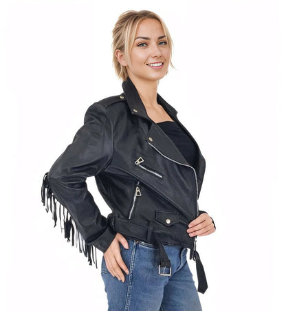 Handcrafted Women's Sheepskin Leather Biker Jacket – Premium Biker Style Black w/Fringes - Tenku Designs