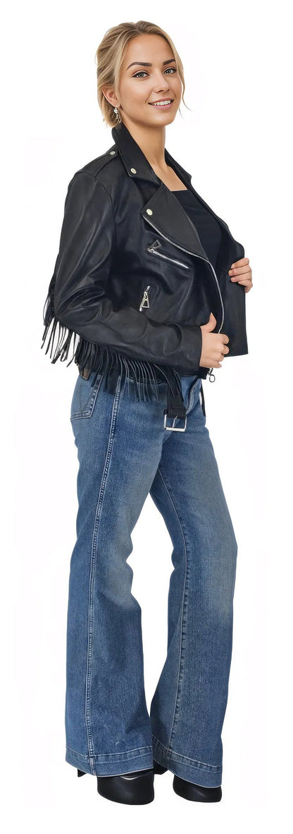Handcrafted Women's Sheepskin Leather Biker Jacket – Premium Biker Style Black w/Fringes - Tenku Designs