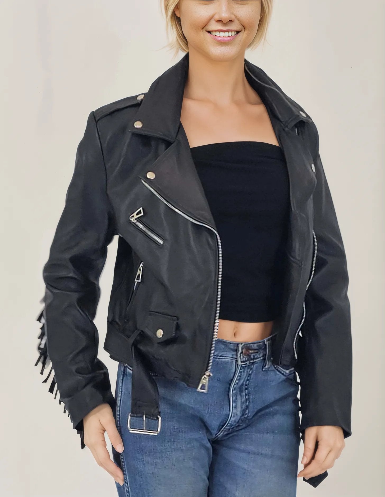 Handcrafted Women's Sheepskin Leather Biker Jacket – Premium Biker Style Black w/Fringes - Tenku Designs