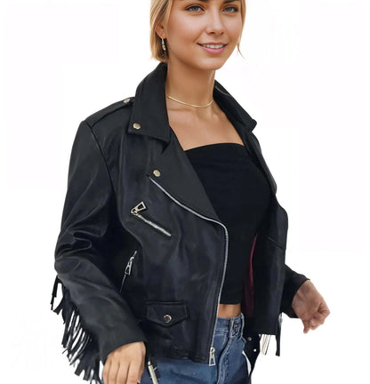 Handcrafted Women's Sheepskin Leather Biker Jacket – Premium Biker Style Black w/Fringes - Tenku Designs
