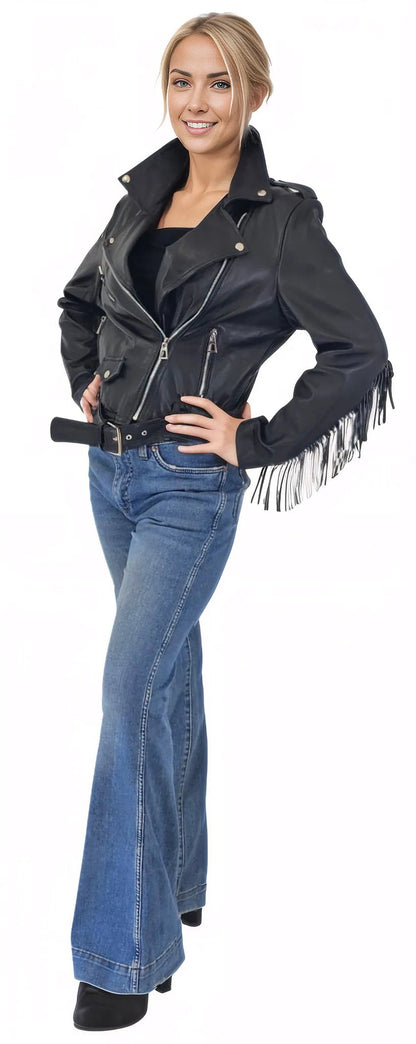 Handcrafted Women's Sheepskin Leather Biker Jacket – Premium Biker Style Black w/Fringes - Tenku Designs