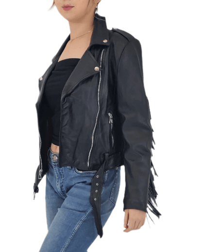 Handcrafted Women's Sheepskin Leather Biker Jacket – Premium Biker Style Black w/Fringes - Tenku Designs