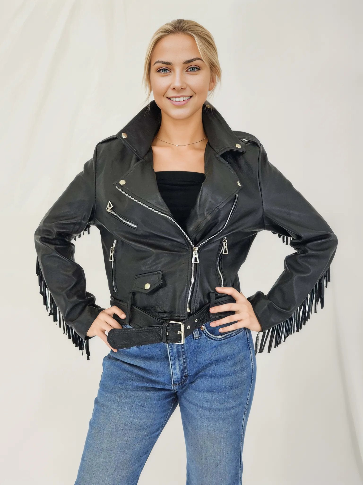 Handcrafted Women's Sheepskin Leather Biker Jacket – Premium Biker Style Black w/Fringes - Tenku Designs