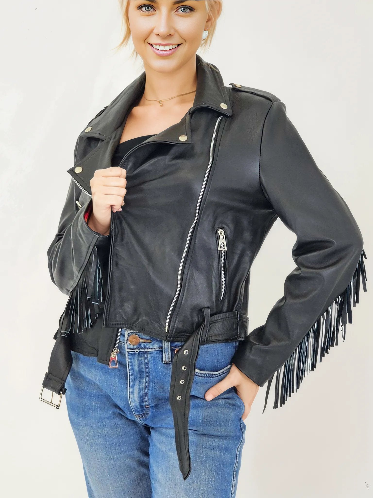 Handcrafted Women's Sheepskin Leather Biker Jacket – Premium Biker Style Black w/Fringes - Tenku Designs