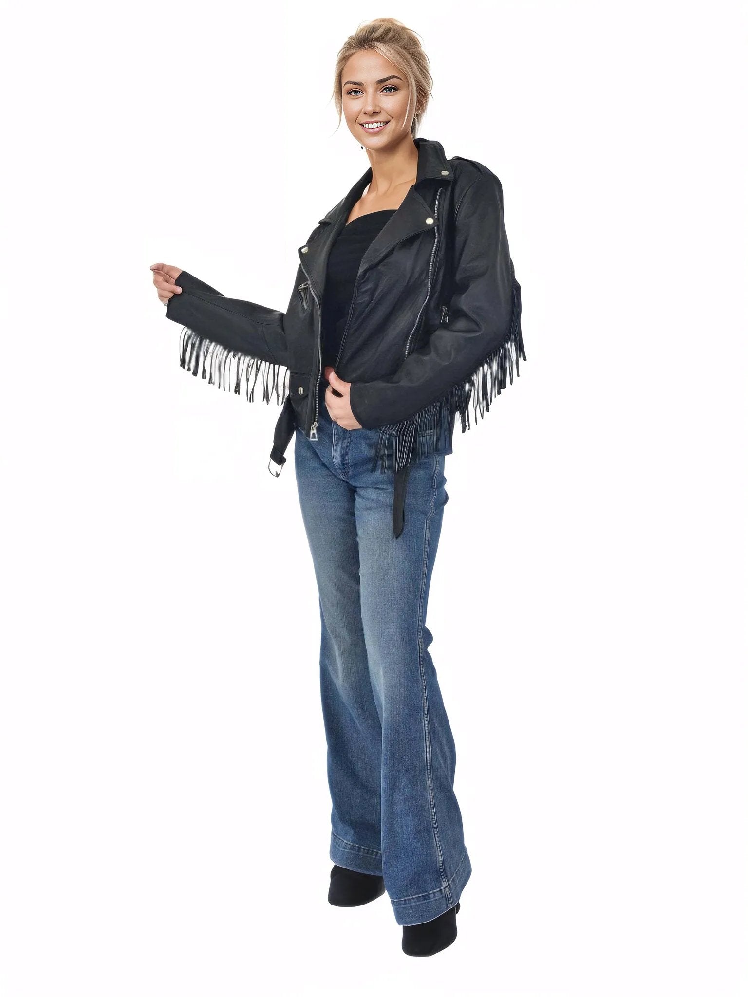 Handcrafted Women's Sheepskin Leather Biker Jacket – Premium Biker Style Black w/Fringes - Tenku Designs