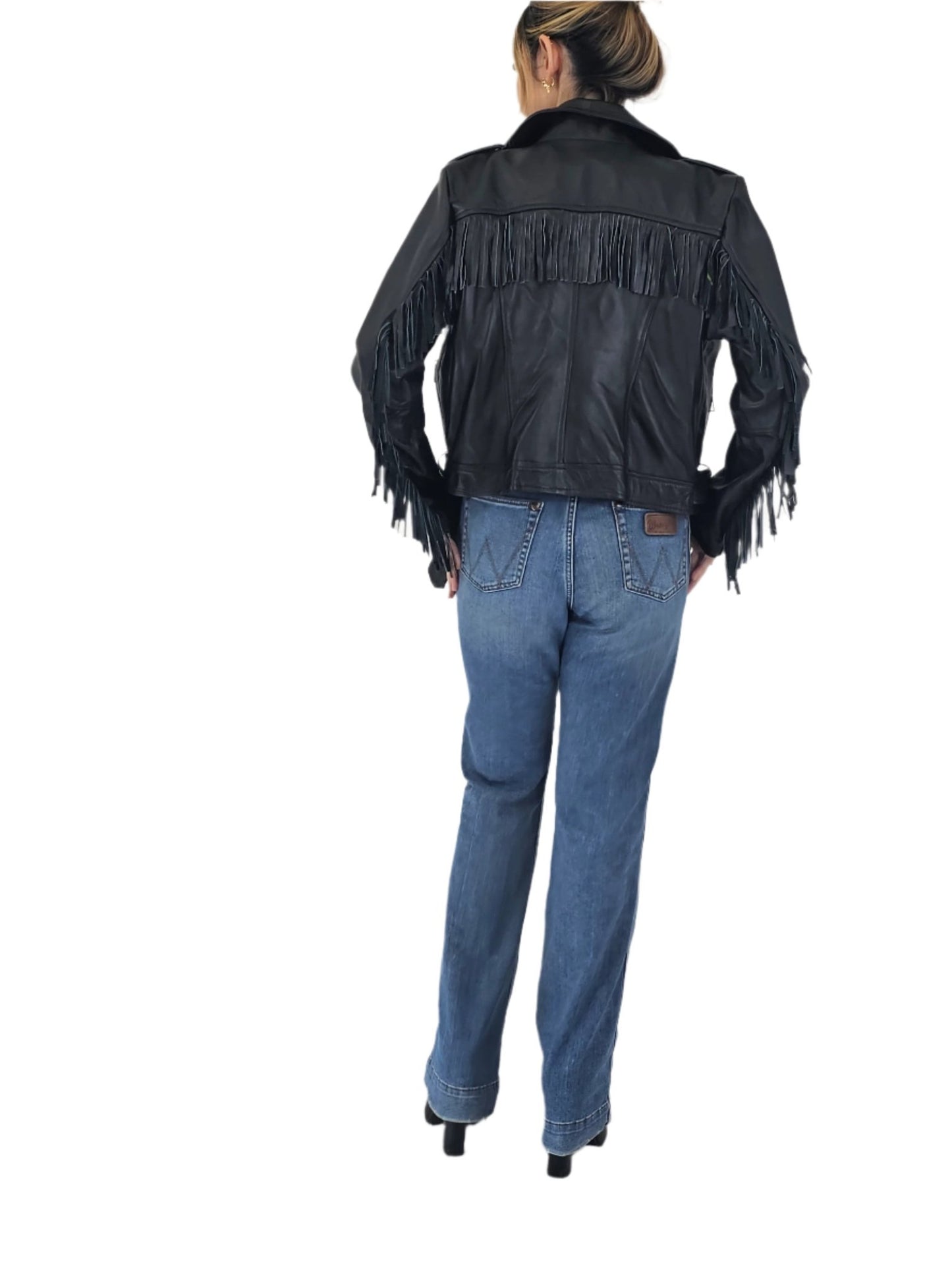 Handcrafted Women's Sheepskin Leather Biker Jacket – Premium Biker Style Black w/Fringes - Tenku Designs