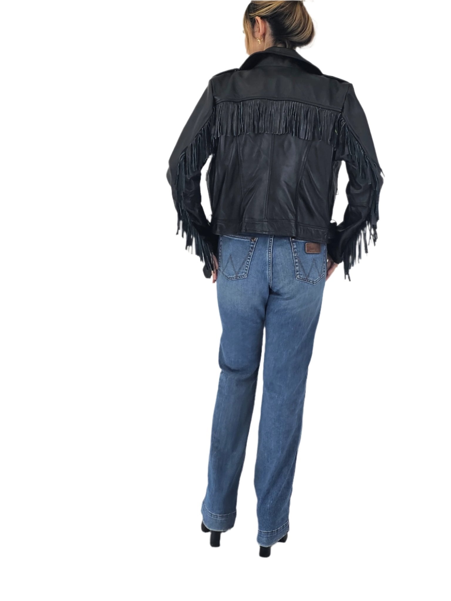 Handcrafted Women's Sheepskin Leather Biker Jacket – Premium Biker Style Black w/Fringes - Tenku Designs