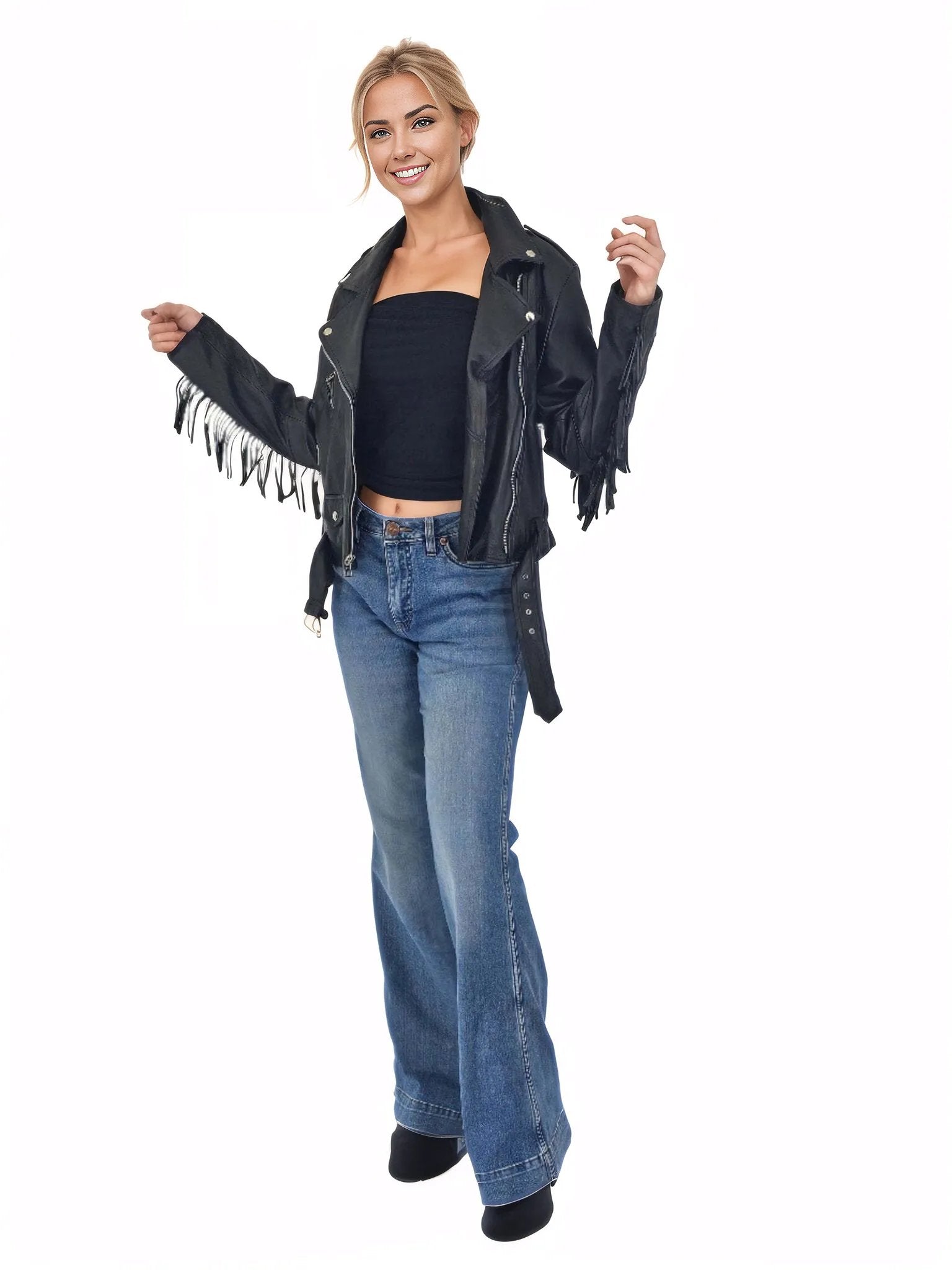 Handcrafted Women's Sheepskin Leather Biker Jacket – Premium Biker Style Black w/Fringes - Tenku Designs