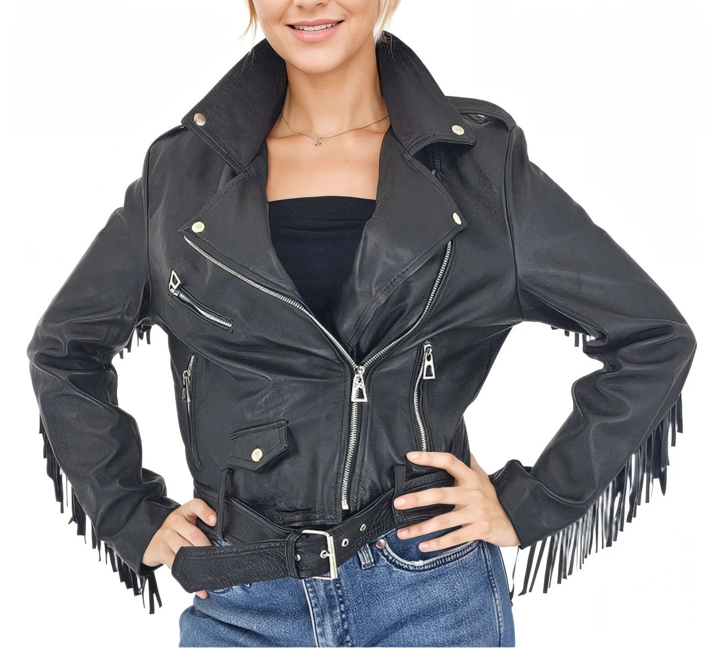 Handcrafted Women's Sheepskin Leather Biker Jacket – Premium Biker Style Black w/Fringes - Tenku Designs