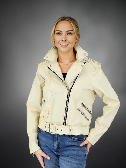 Handcrafted Women's Sheepskin Leather Biker Jacket – Premium Biker Style Bone - Tenku Designs