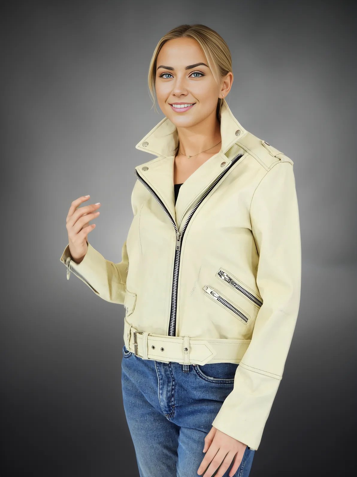 Handcrafted Women's Sheepskin Leather Biker Jacket – Premium Biker Style Bone - Tenku Designs