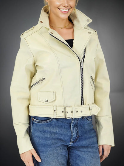 Handcrafted Women's Sheepskin Leather Biker Jacket – Premium Biker Style Bone - Tenku Designs