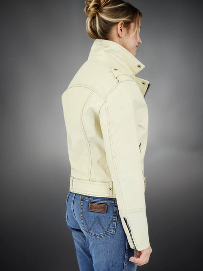Handcrafted Women's Sheepskin Leather Biker Jacket – Premium Biker Style Bone - Tenku Designs
