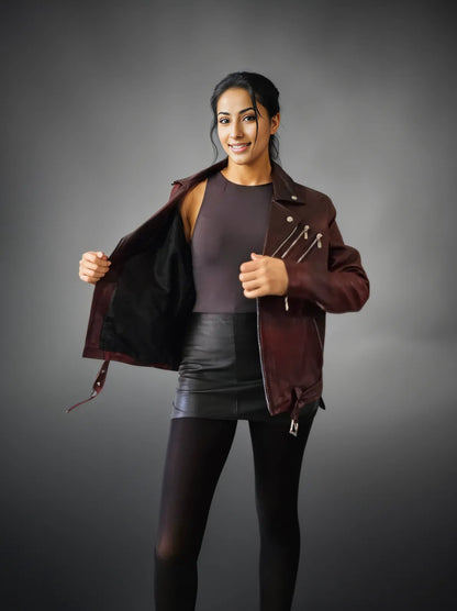 Handcrafted Women's Sheepskin Leather Biker Jacket – Premium Biker Style Burgundy - Tenku Designs