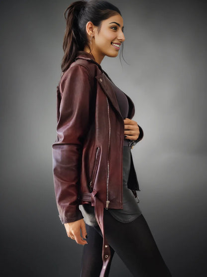 Handcrafted Women's Sheepskin Leather Biker Jacket – Premium Biker Style Burgundy - Tenku Designs