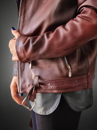 Handcrafted Women's Sheepskin Leather Biker Jacket – Premium Biker Style Burgundy - Tenku Designs