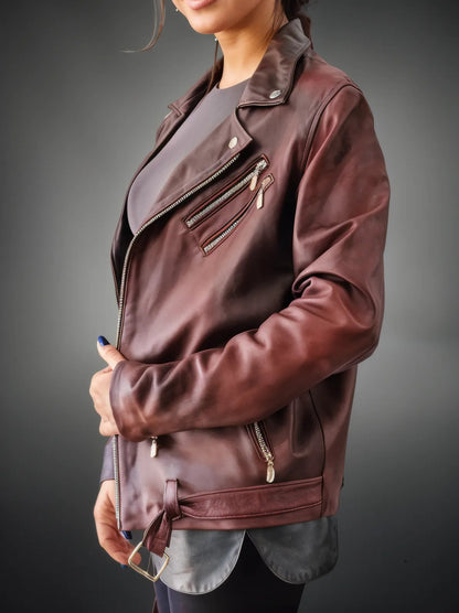 Handcrafted Women's Sheepskin Leather Biker Jacket – Premium Biker Style Burgundy - Tenku Designs
