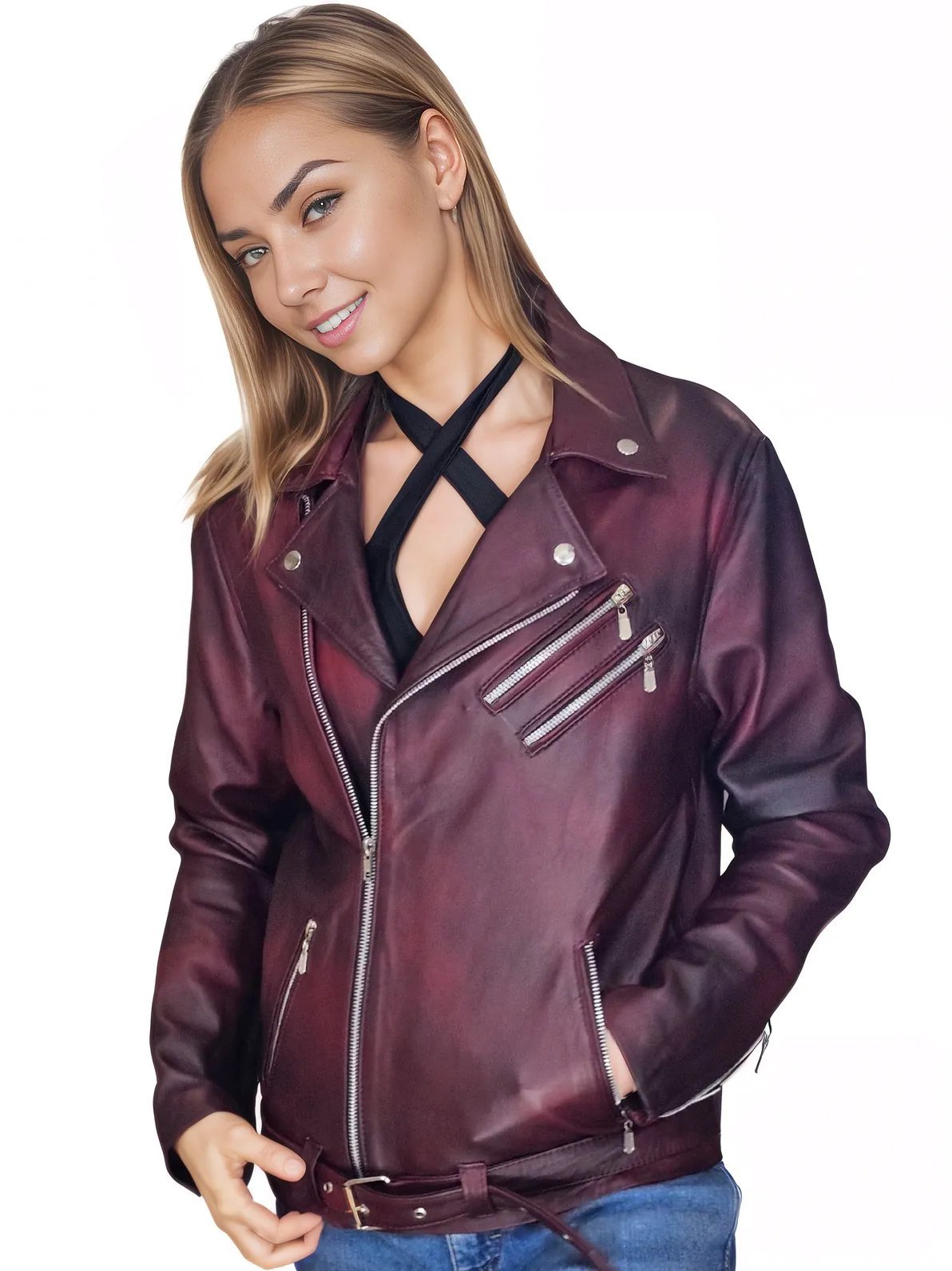 Handcrafted Women's Sheepskin Leather Biker Jacket – Premium Biker Style Burgundy - Tenku Designs