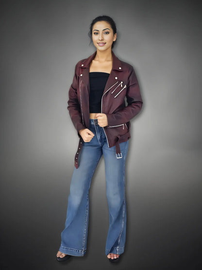 Handcrafted Women's Sheepskin Leather Biker Jacket – Premium Biker Style Burgundy - Tenku Designs