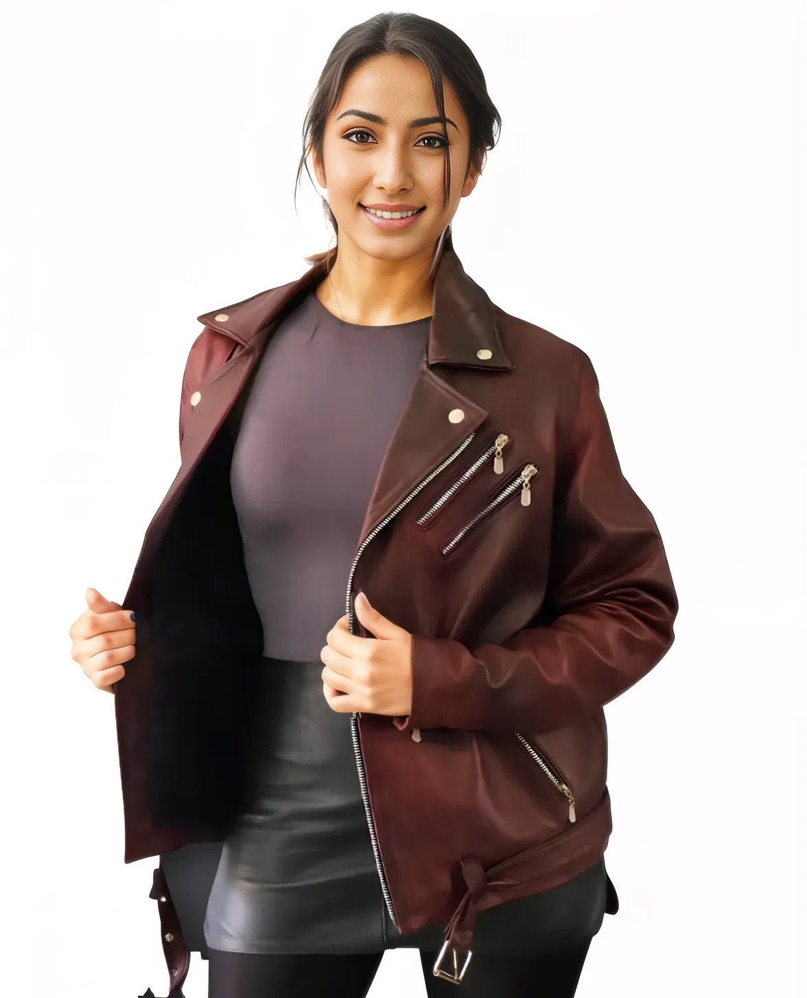 Handcrafted Women's Sheepskin Leather Biker Jacket – Premium Biker Style Burgundy - Tenku Designs