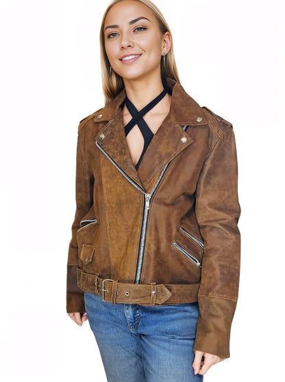 Handcrafted Women's Sheepskin Leather Biker Jacket – Premium Biker Style Crackled Brown - Tenku Designs