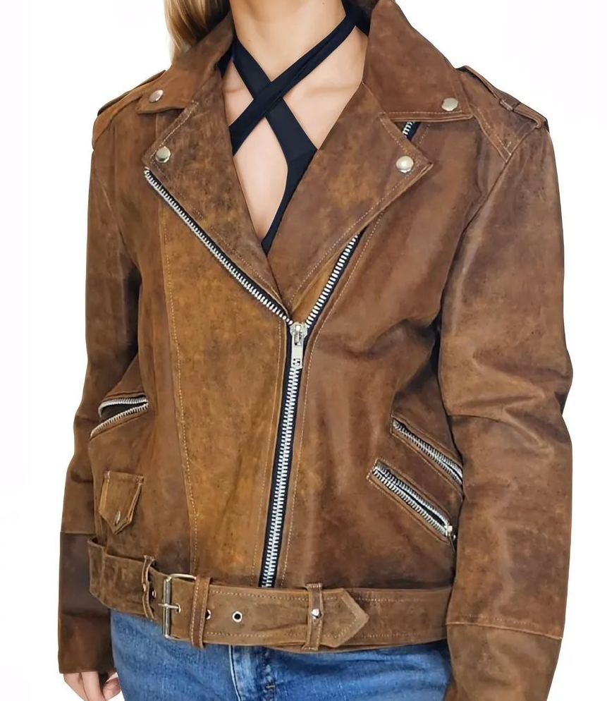 Handcrafted Women's Sheepskin Leather Biker Jacket – Premium Biker Style Crackled Brown