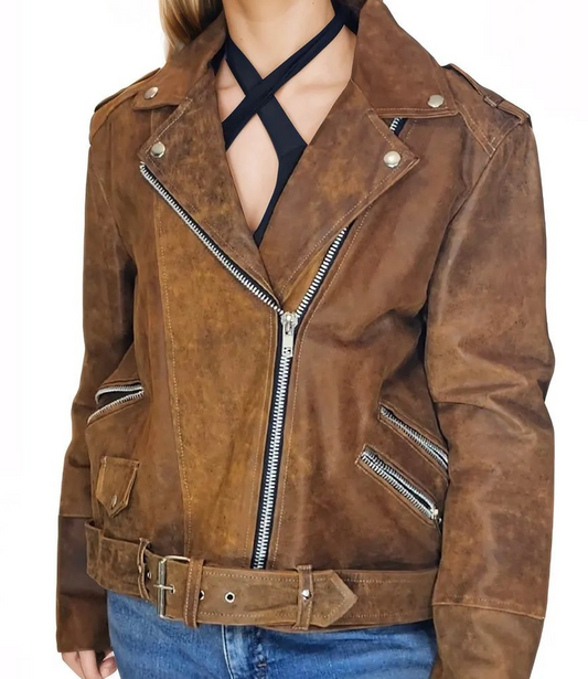 Handcrafted Women's Sheepskin Leather Biker Jacket – Premium Biker Style Crackled Brown