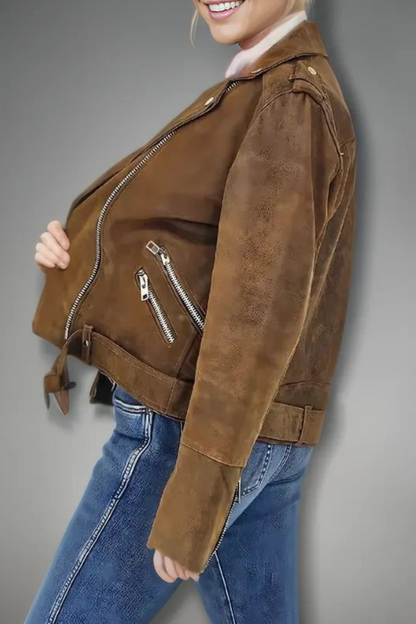 Handcrafted Women's Sheepskin Leather Biker Jacket – Premium Biker Style Crackled Brown