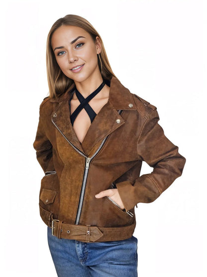 Handcrafted Women's Sheepskin Leather Biker Jacket – Premium Biker Style Crackled Brown - Tenku Designs