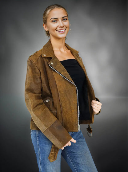 Handcrafted Women's Sheepskin Leather Biker Jacket – Premium Biker Style Crackled Brown - Tenku Designs