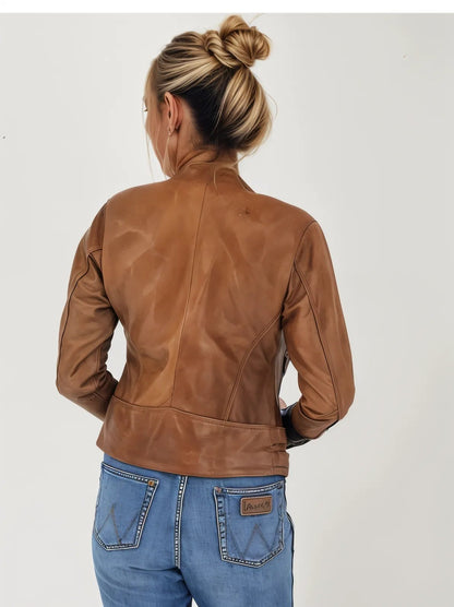 Handcrafted Women's Sheepskin Leather Biker Jacket – Premium Biker Style Honey - Tenku Designs