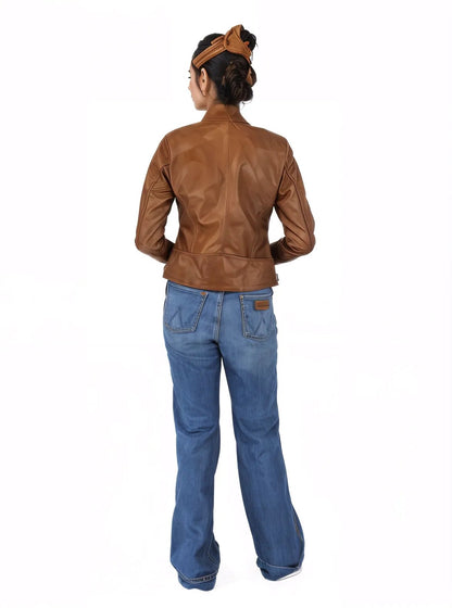 Handcrafted Women's Sheepskin Leather Biker Jacket – Premium Biker Style Honey - Tenku Designs