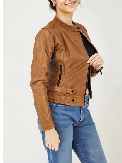 Handcrafted Women's Sheepskin Leather Biker Jacket – Premium Biker Style Honey - Tenku Designs