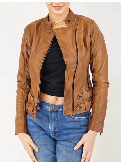 Handcrafted Women's Sheepskin Leather Biker Jacket – Premium Biker Style Honey - Tenku Designs