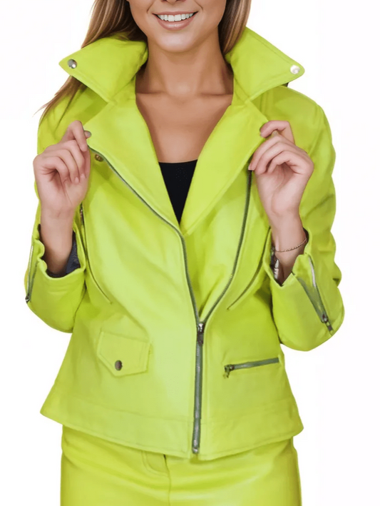 Handcrafted Women's Sheepskin Leather Biker Jacket – Premium Biker Style Lime Green