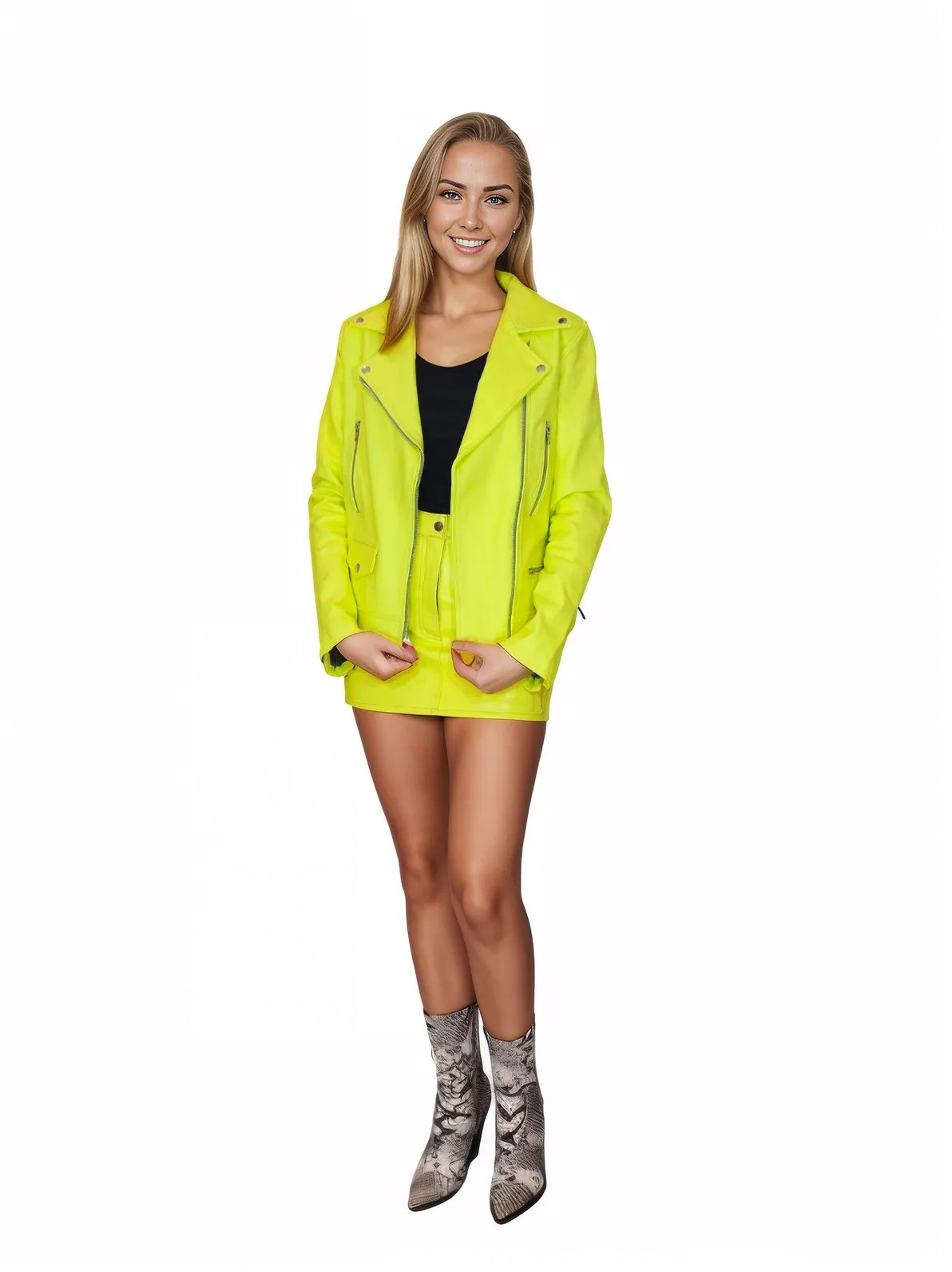 Handcrafted Women's Sheepskin Leather Biker Jacket – Premium Biker Style Lime Green - Tenku Designs