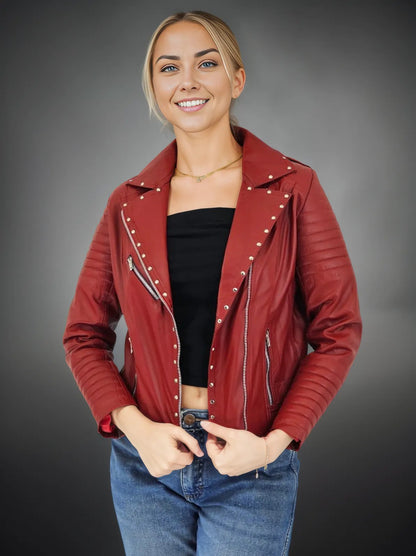 Handcrafted Women's Sheepskin Leather Biker Jacket – Premium Biker Style Red - Tenku Designs